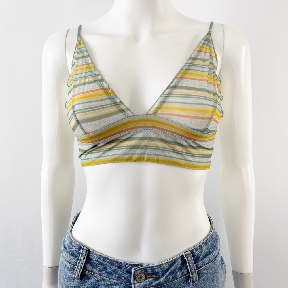 Out From Under Bralette Green Yellow Striped V-Neck Spaghetti Straps Size M